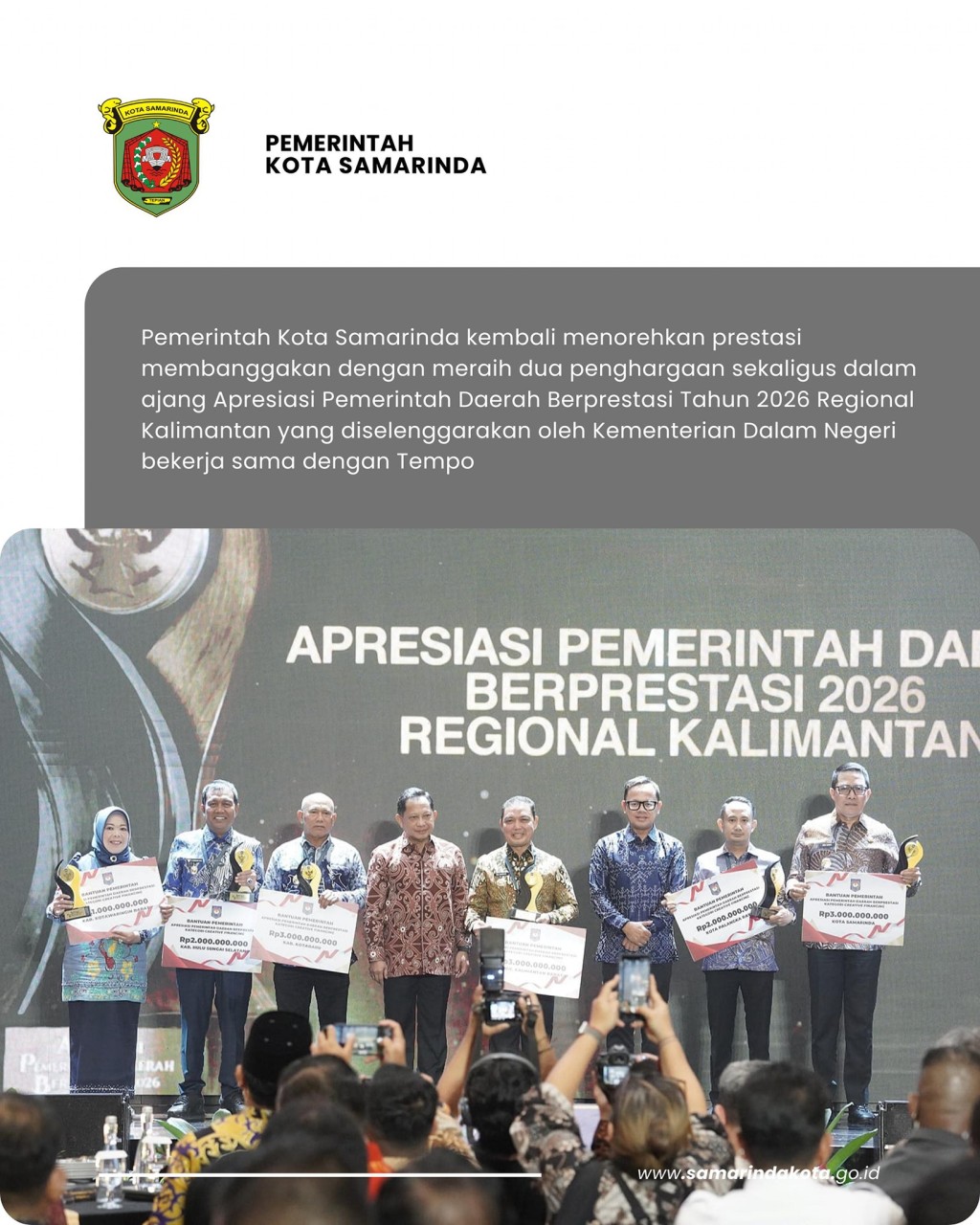 Samarinda Borong Dua Penghargaan di Ajang Apresiasi Pemda Berprestasi 2026 Regional Kalimantan