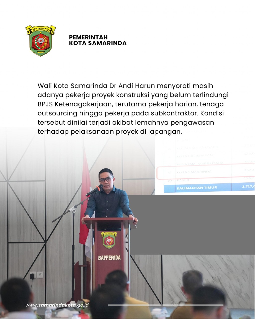 Wali Kota Samarinda Soroti Pekerja Proyek Belum Terlindungi BPJS, Pengawasan Subkontraktor Diminta Diperketat